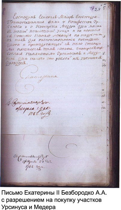 Письмо Екатерины II Безбородко с разрешением на покупку участков Урсинуса и Медера