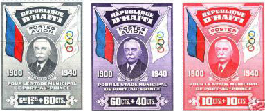 Три марки с портретом барона Пьера де Кубертена